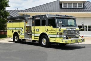 Yellow firetruck outside the PVFC station