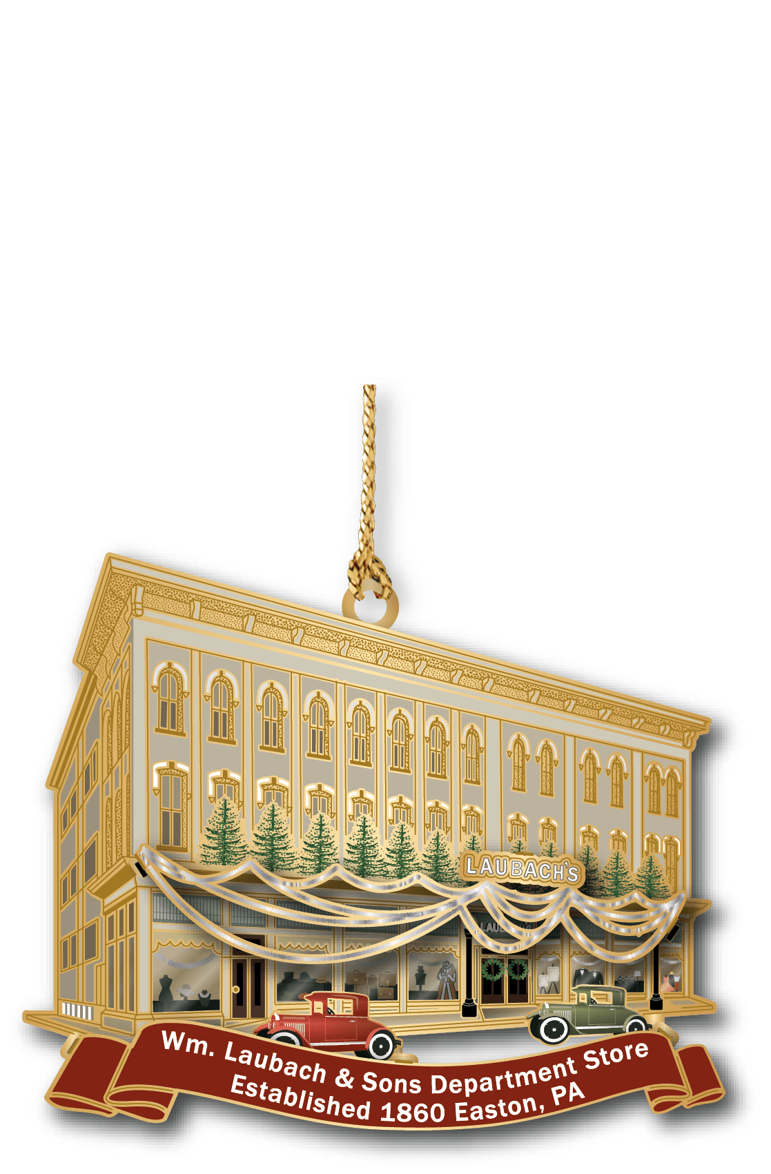 Wm Laubach and Sons Department Store Easton Pennsylvania ornament with vintage storefront and classic automobiles