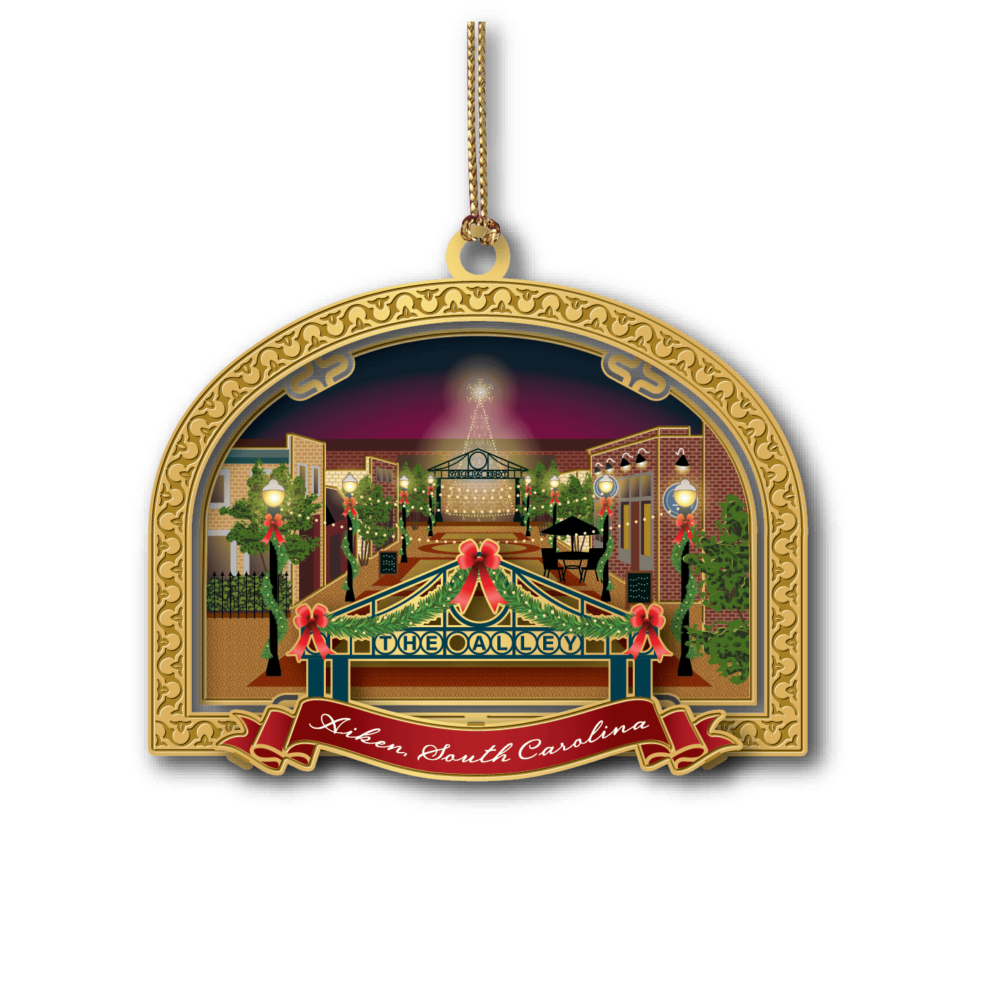 The Alley in downtown Aiken South Carolina ornament featuring festive holiday lights and decorated streetscape