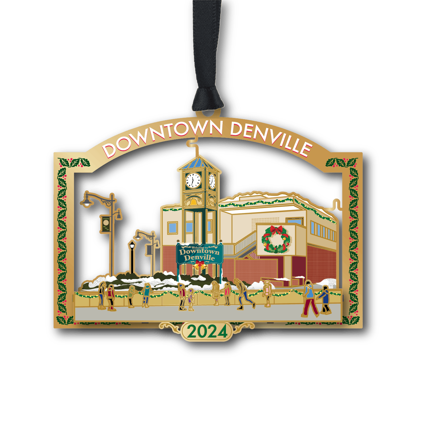 Downtown Denville ornament featuring town clock tower and winter street scene
