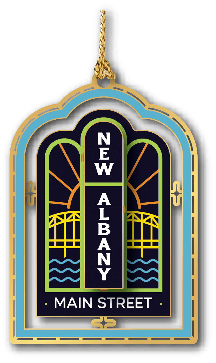 New Albany Main Street ornament featuring stylized downtown arch design with bridge and river motif