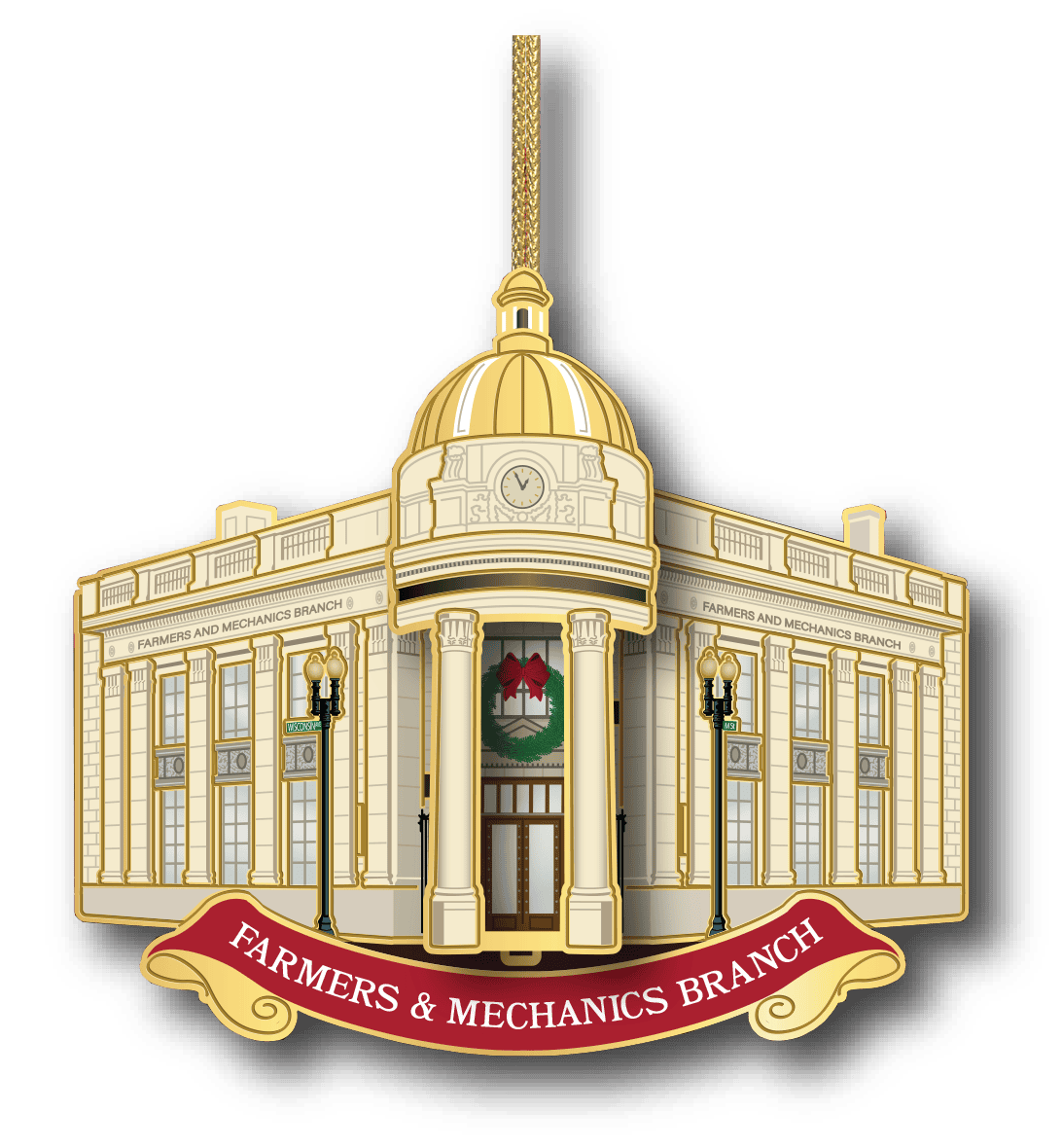 Farmers and Mechanics Branch historic bank building ornament with classical columns and gold dome
