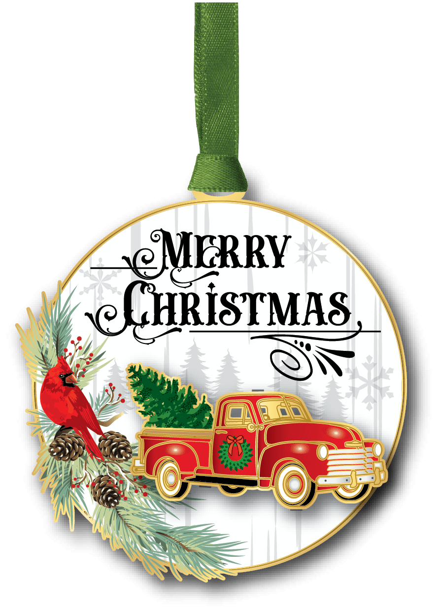 Christmas ornament featuring a vintage red pickup truck carrying a Christmas tree, accented by a cardinal and evergreen branches.