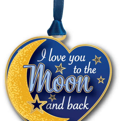 Heart-shaped ornament featuring a golden crescent moon, stars, and the phrase "I love you to the moon and back."