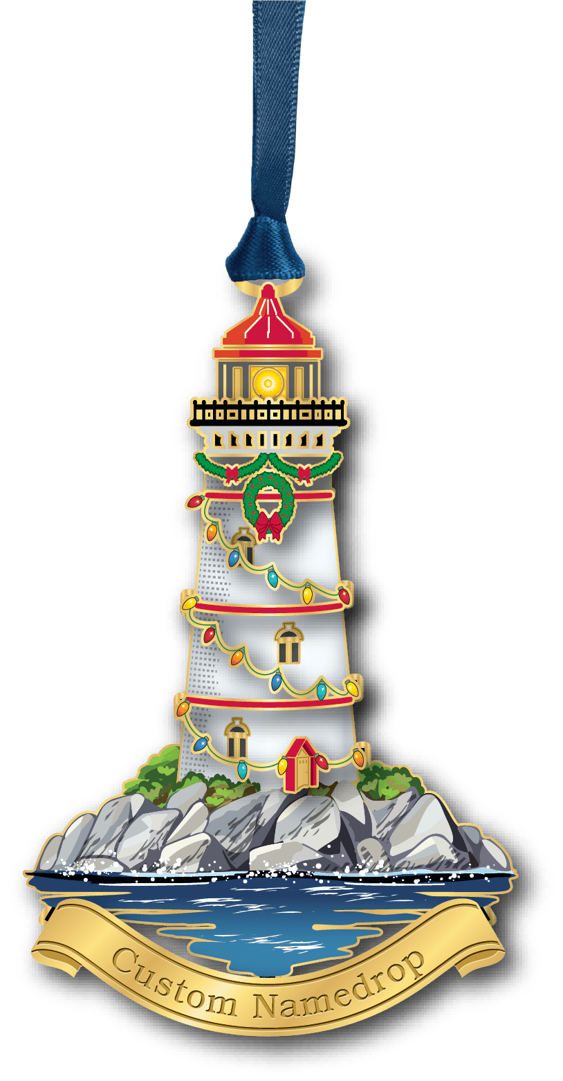 Lighthouse ornament decorated with holiday wreaths, garland, colorful lights, and a festive seaside setting.