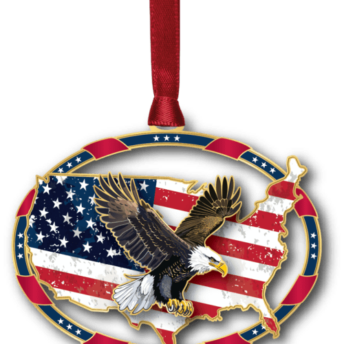 Patriotic ornament featuring a bald eagle in flight over a distressed American flag map of the United States.