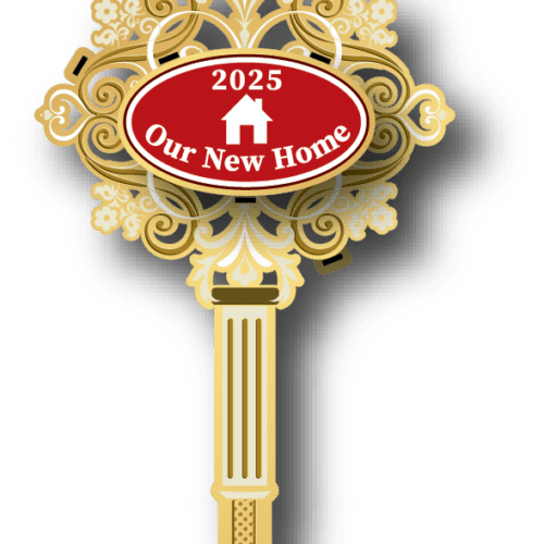 Decorative key-shaped ornament featuring ornate gold filigree and a red center medallion reading "2025 Our New Home."