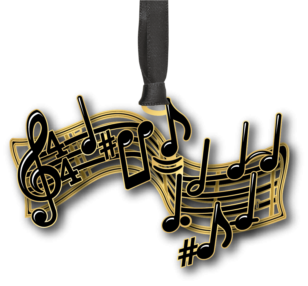 Decorative ornament featuring black musical notes and symbols flowing across a gold-accented musical staff.