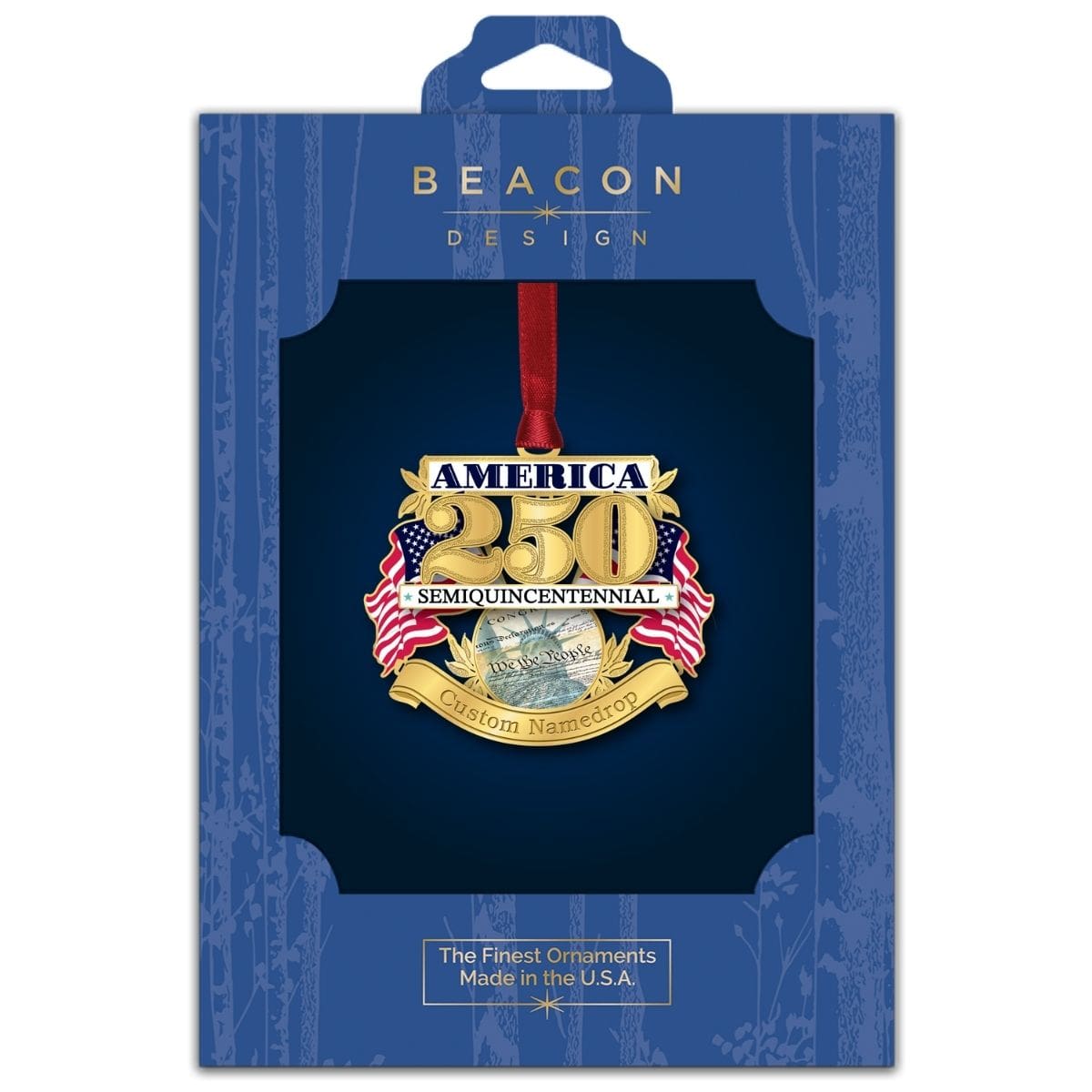 2026 America Semiquincentennial ornament from Beacon Design in retail packaging, featuring a gold “250” design with American flags and historical document imagery.