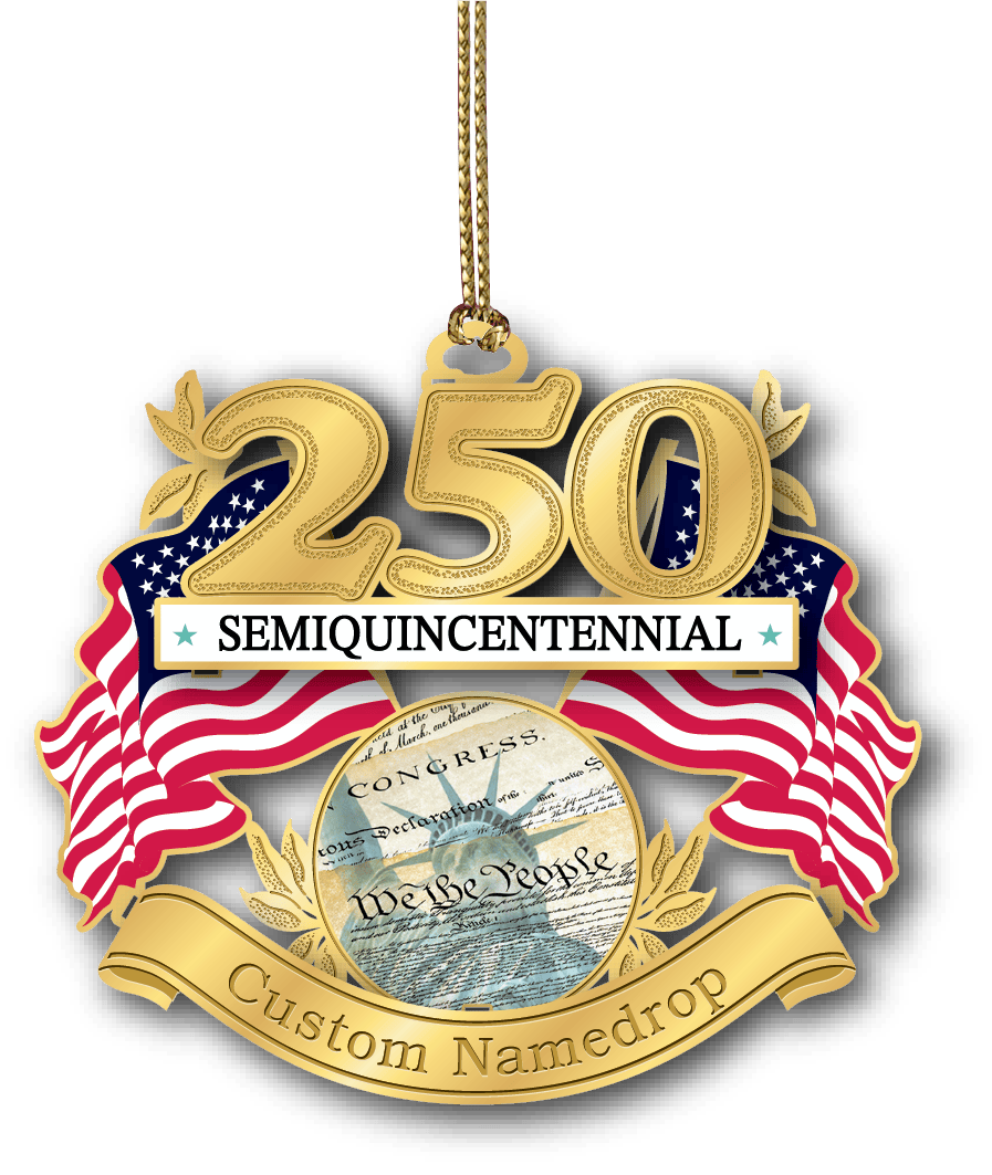 Patriotic America 250 ornament featuring gold "250" numerals, American flags, the Constitution, "Semiquincentennial" banner, and customizable namedrop ribbon.
