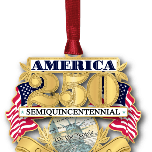 Patriotic America 250 ornament featuring gold "250" numerals, American flags, the Constitution, "Semiquincentennial" banner, and customizable namedrop ribbon.