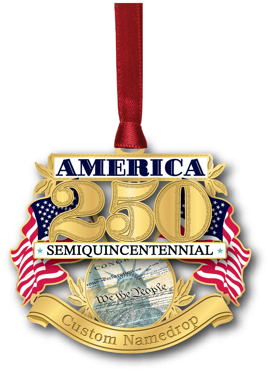 Patriotic America 250 ornament featuring gold "250" numerals, American flags, the Constitution, "Semiquincentennial" banner, and customizable namedrop ribbon.