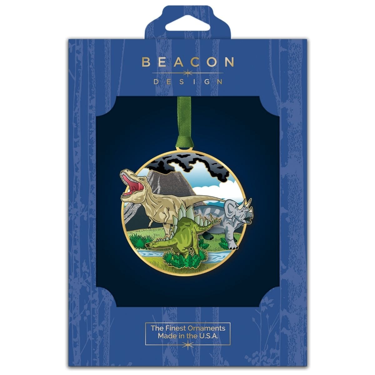 Dinosaurs ornament from Beacon Design in retail packaging, featuring a T‑rex, triceratops, and stegosaurus in a prehistoric landscape.