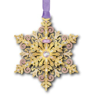 2025 gold snowflake ornament with purple accents, a central crystal gem, and a purple ribbon for hanging