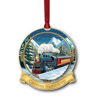 A gold Christmas ornament featuring a winter train with a custom namedrop banner.