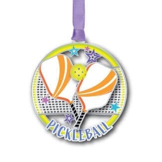 A rhodium silver Pickleball ornament hanging from a purple ribbon.