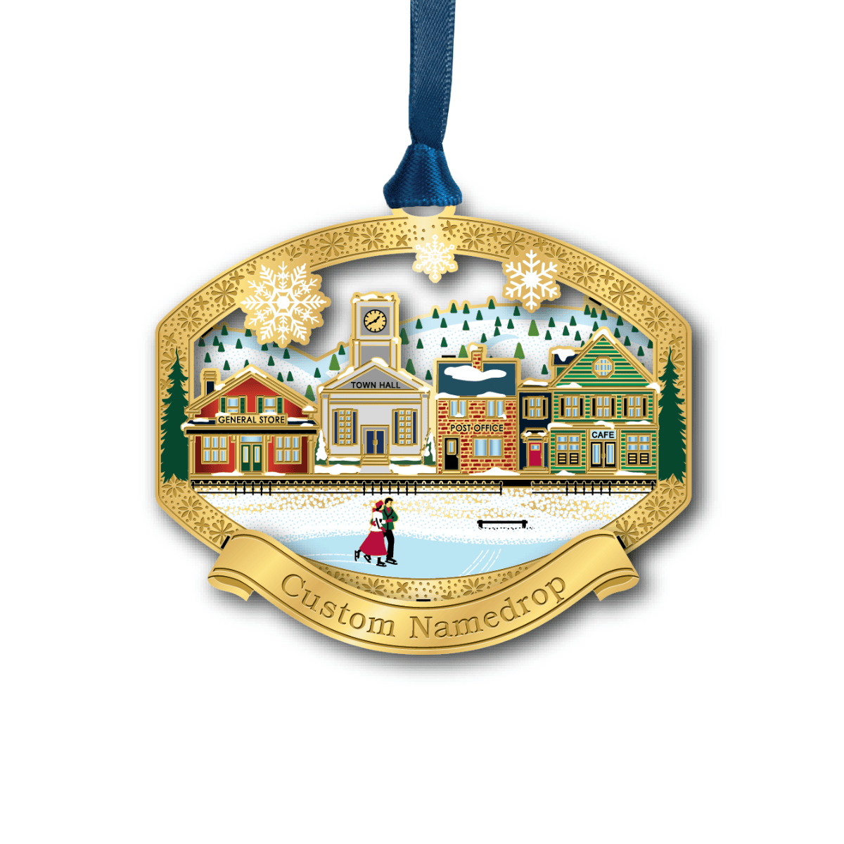 Custom namedrop ornament featuring a winter village scene with a general store, town hall, post office, and café, with people ice skating in the foreground