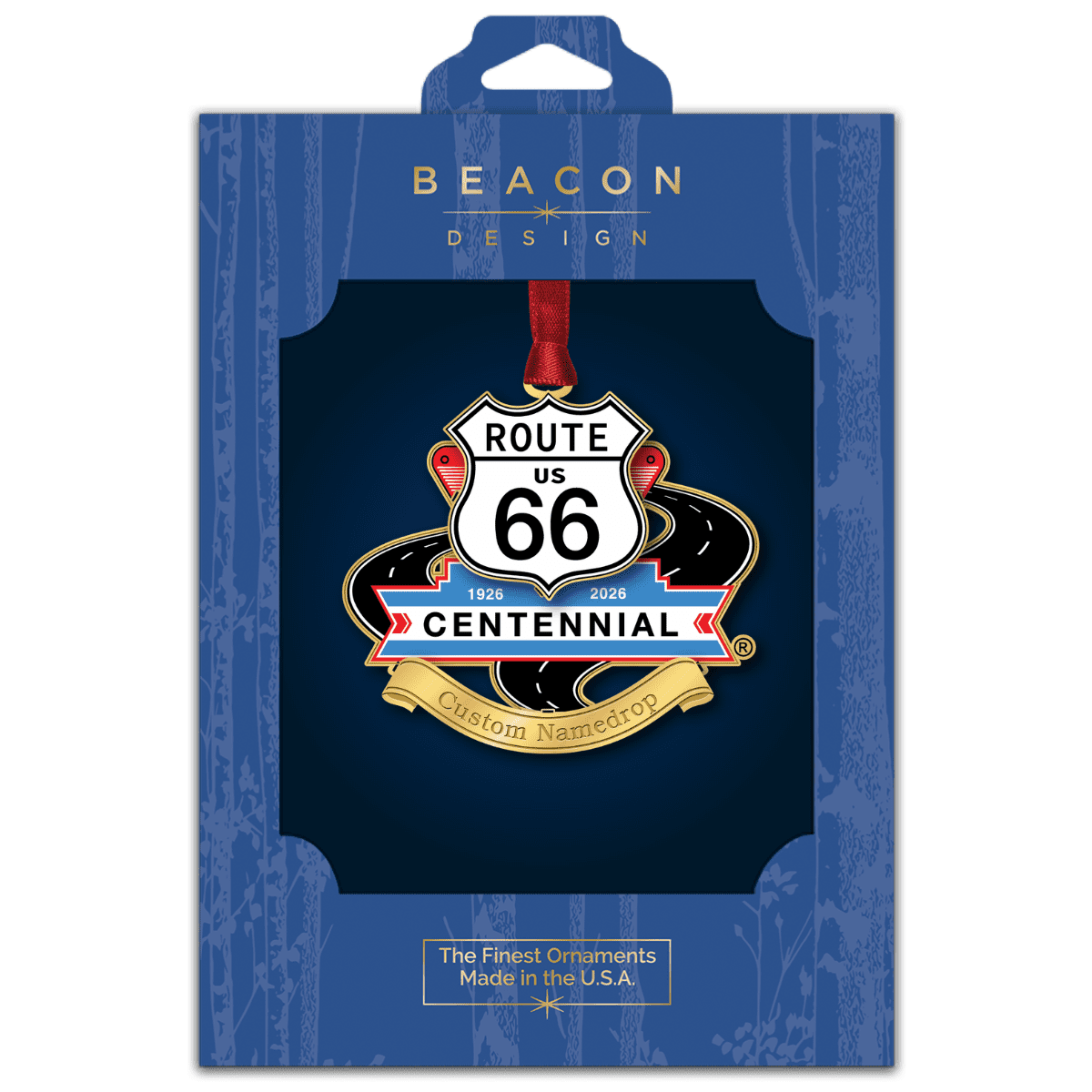 Route 66 centennial ornament displayed in Beacon Design retail packaging