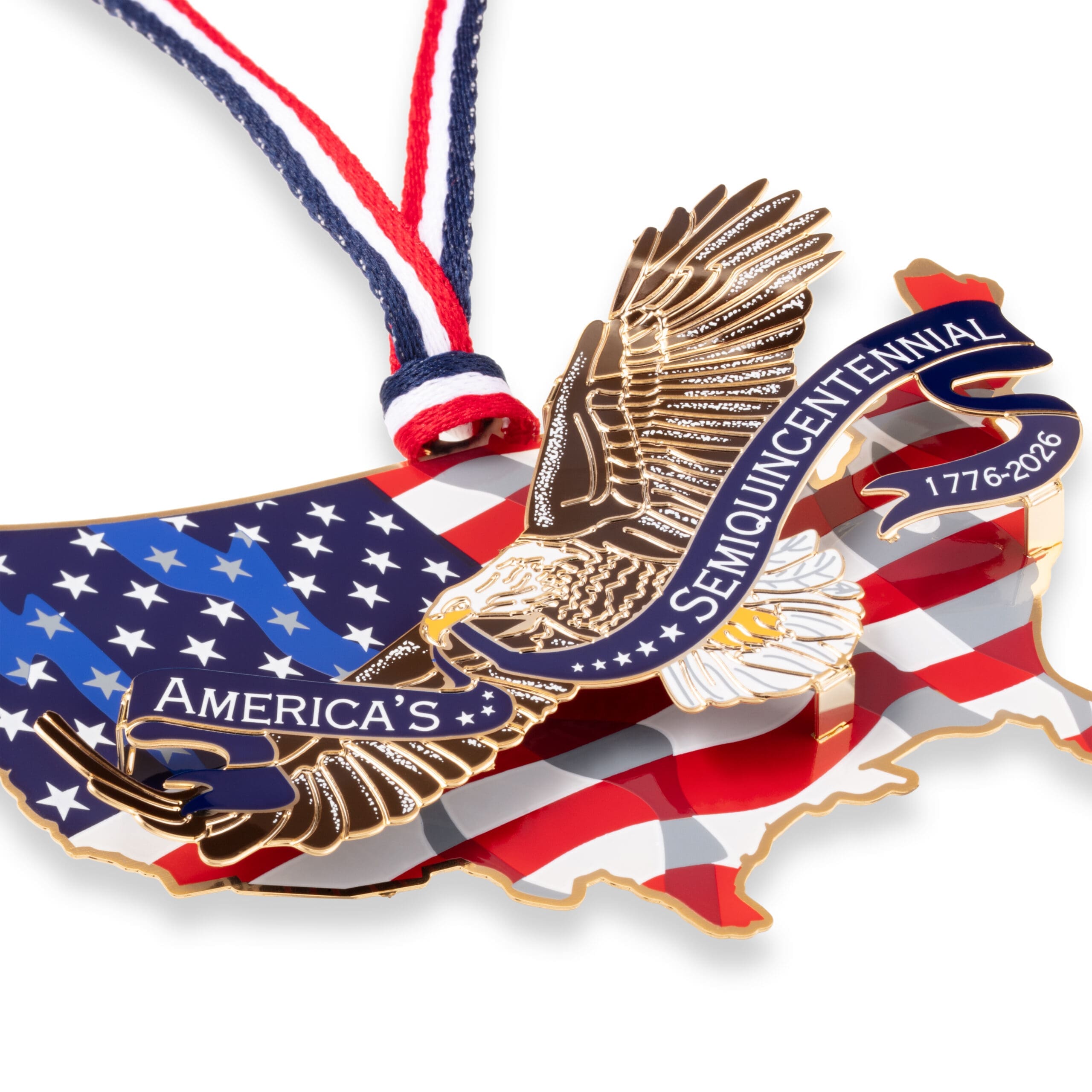 Close-up of an America250 commemorative ornament featuring a gold eagle over a U.S. flag design, with a blue ribbon reading “America’s Semiquincentennial 1776–2026” and a red, white, and blue hanging cord.