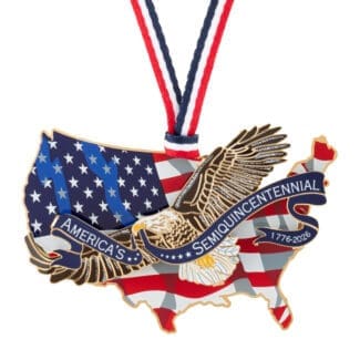 Full view of an America250 eagle ornament featuring a gold eagle over a U.S. flag motif, with a blue “America’s Semiquincentennial 1776–2026” banner and a red, white, and blue hanging ribbon.