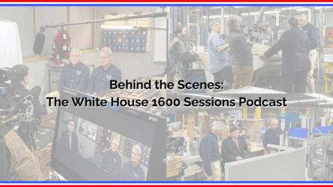 A graphic showcasing the behind-the-scenes of the 1600 Sessions Podcast interviewing Hamilton Davison & David Marquis, and touring Beacon Design's facility
