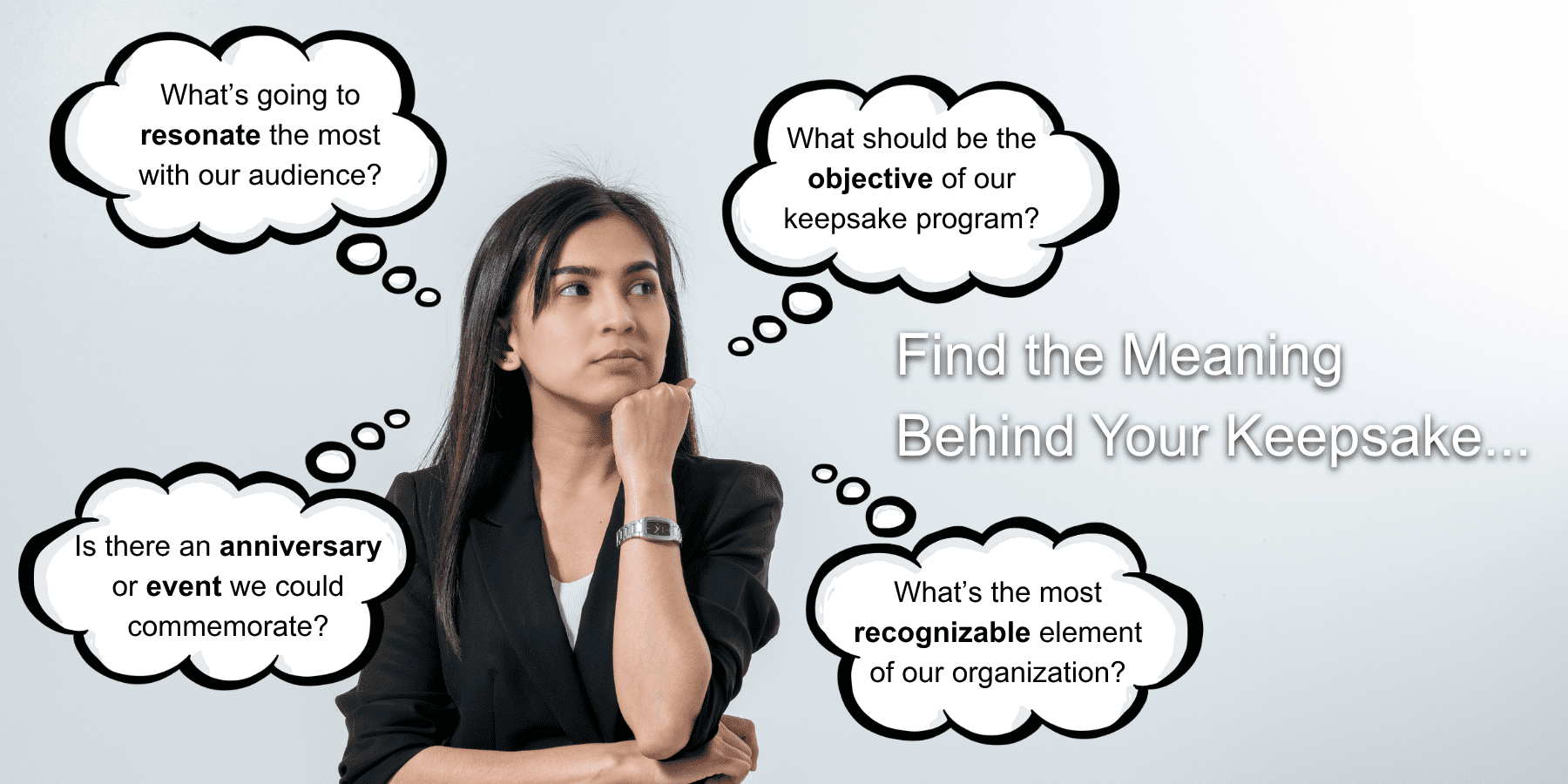 Graphic of a person thinking with speech bubbles asking questions about audience resonance, objectives, recognizable elements, and commemorative events, alongside the text “Find the Meaning Behind Your Keepsake.”